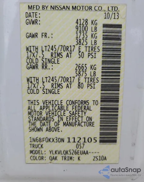 2013 Nissan Nv 1500 from USA, damaged, VIN 1N6BF0KX3DN112105